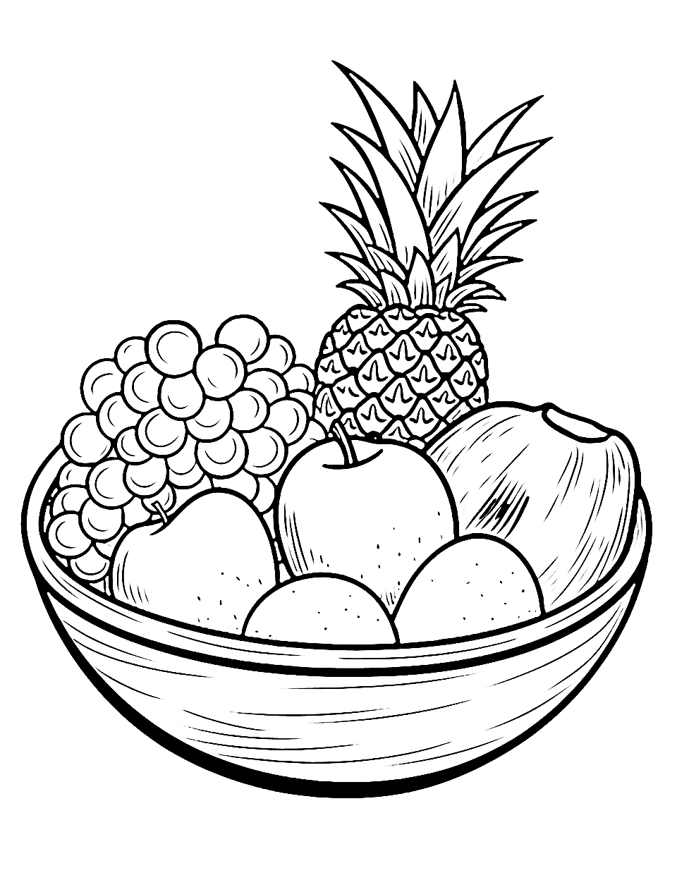 Fruit Bowl Fiesta Coloring Page - A large bowl filled with a variety of fruits.