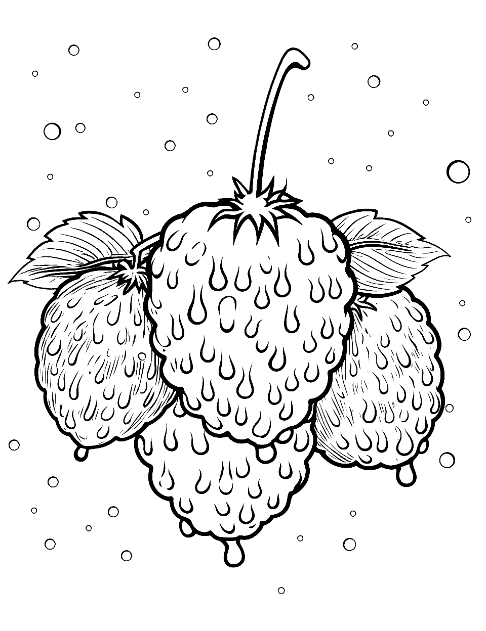 Raspberry Rain Fruit Coloring Page - Raspberries with raindrops falling gently on them.