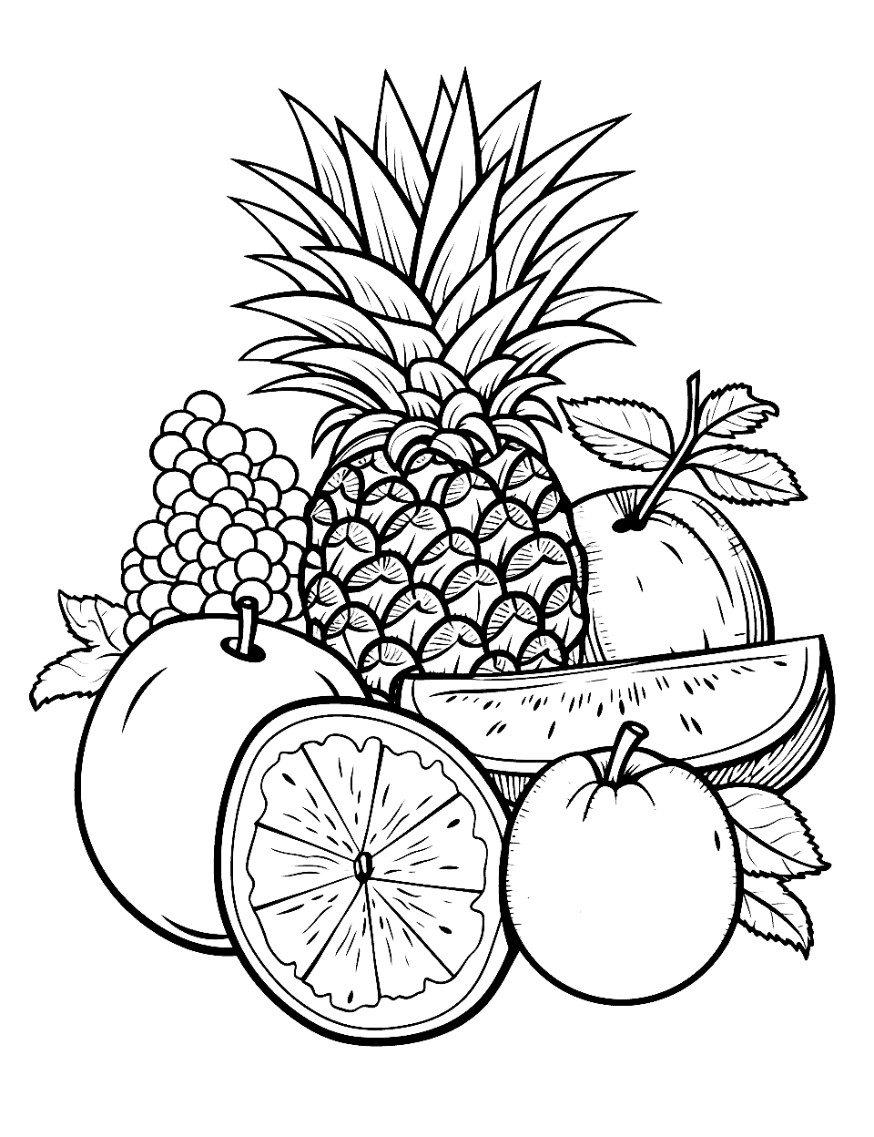 Juicy Fruit Jamboree Coloring Page - Various juicy fruits like watermelon, orange, and grapes.