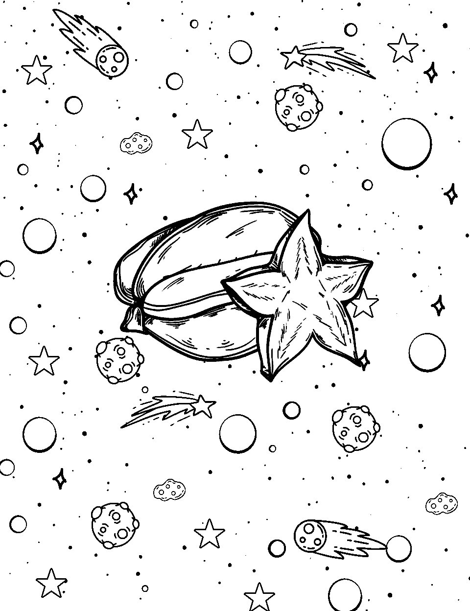 Starfruit in Space Fruit Coloring Page - A starfruit floating in space with stars around it.
