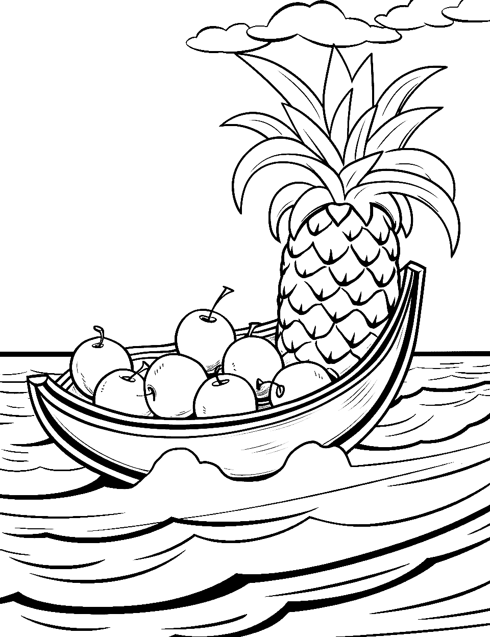 Banana Boat Adventure Fruit Coloring Page - A banana shaped like a boat floating on a wavy sea carrying other fruits.