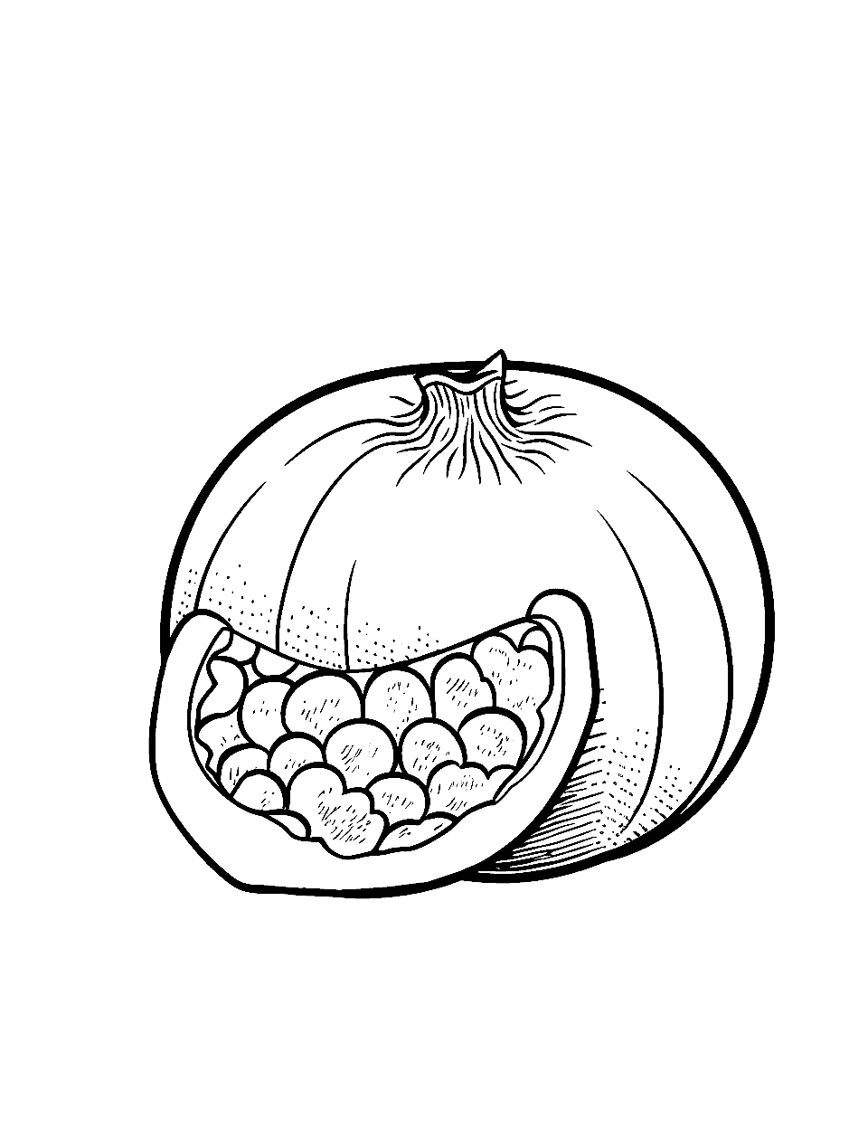 Pomegranate Puzzle Fruit Coloring Page - A slice of pomegranate, showing its intricate seed pattern.