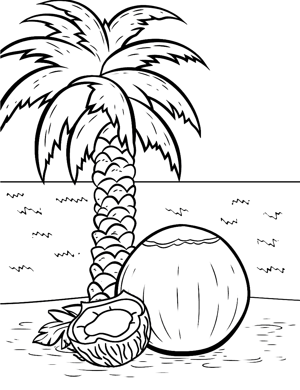 Coconut Beach Fruit Coloring Page - A giant coconut under a palm tree on a sandy beach.