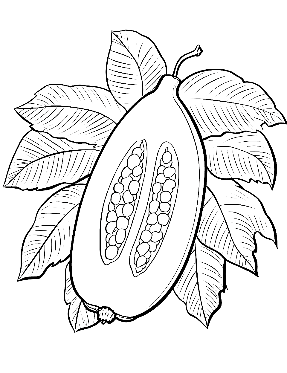 Papaya Party Fruit Coloring Page - A papaya cut in half, surrounded by tropical leaves.