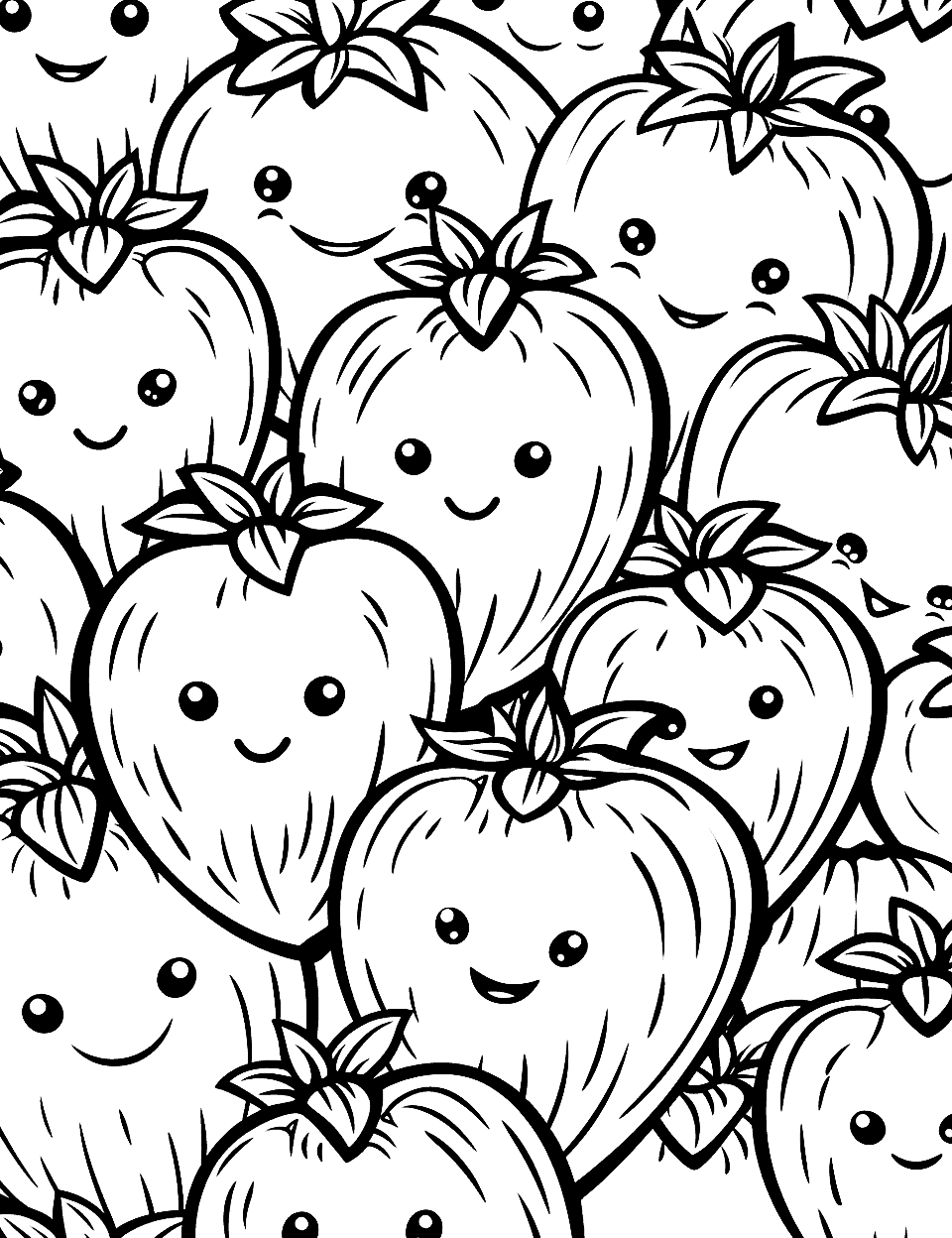 Strawberry Field Fun Fruit Coloring Page - A field of strawberries, each with a face and expression.