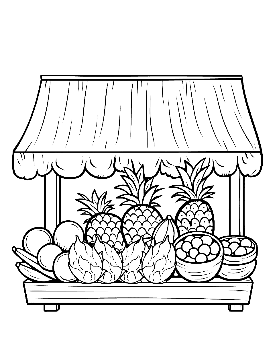 Fruit Market Day Coloring Page - Various fruits displayed in a market setting.