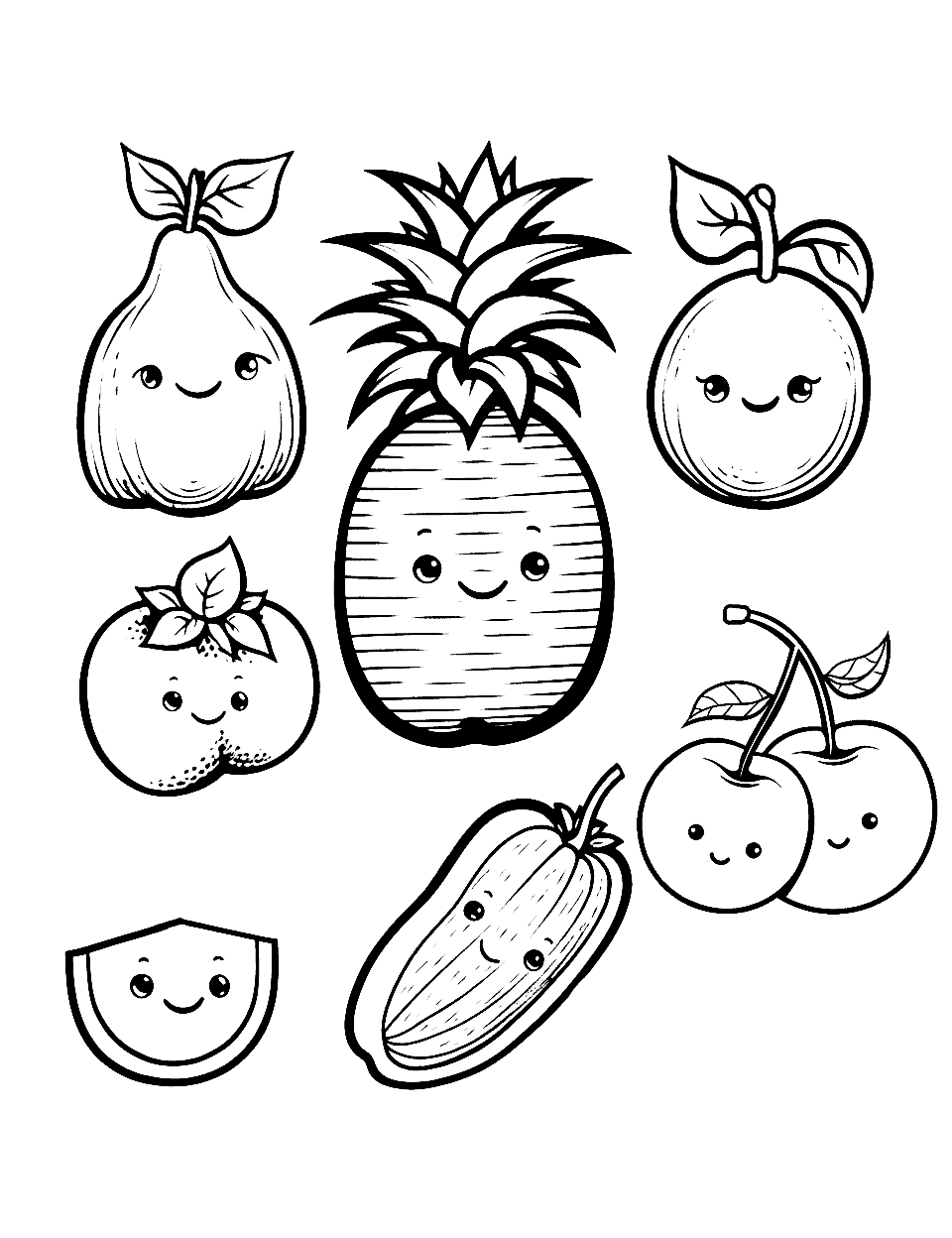 Fruit Faces Coloring Page - Different fruits, each with a unique and funny face.