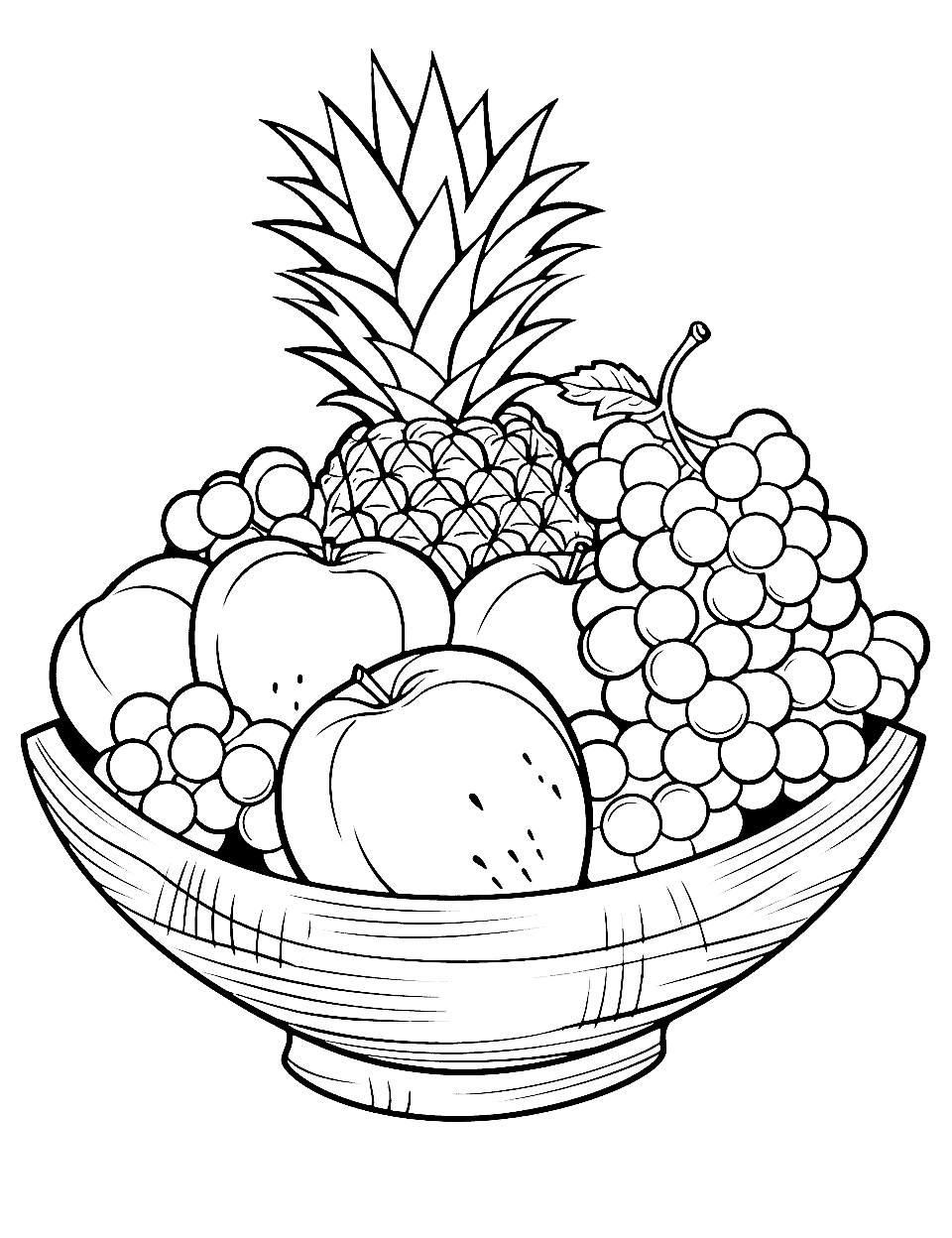 Fruit Basket Bonanza Coloring Page - A large fruit basket overflowing with fruits.