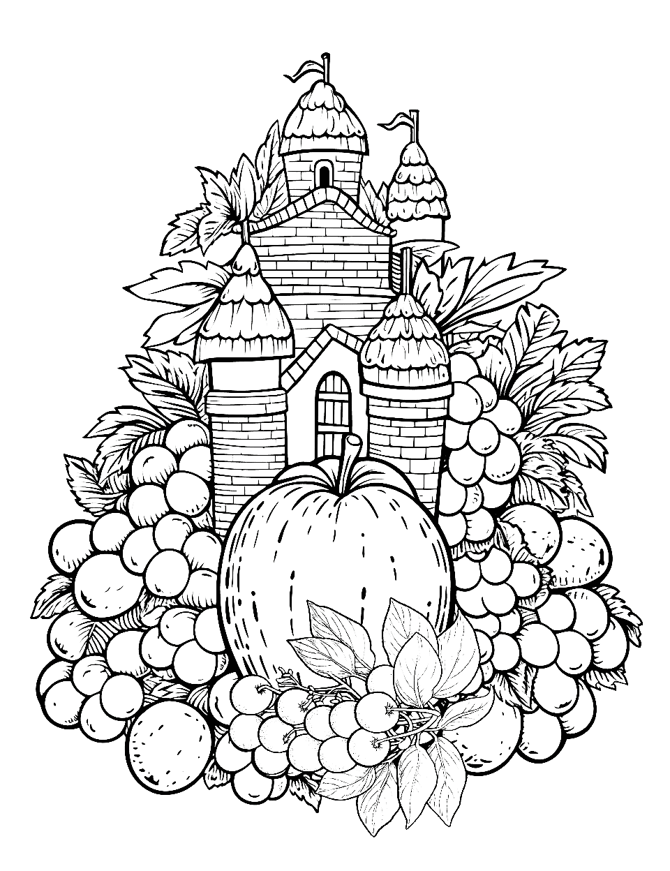 Fruit Fairytale Castle Coloring Page - A castle amidst different fruits.