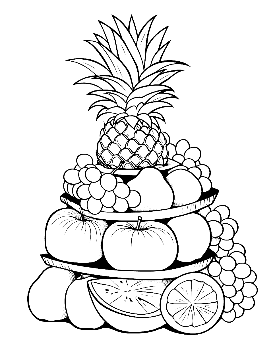 Fruit Tower Coloring Page - A tower of stacked fruits.