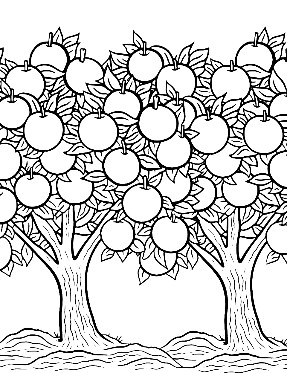 Apple Orchard Fruit Coloring Page - Apple trees with apples ready for picking.