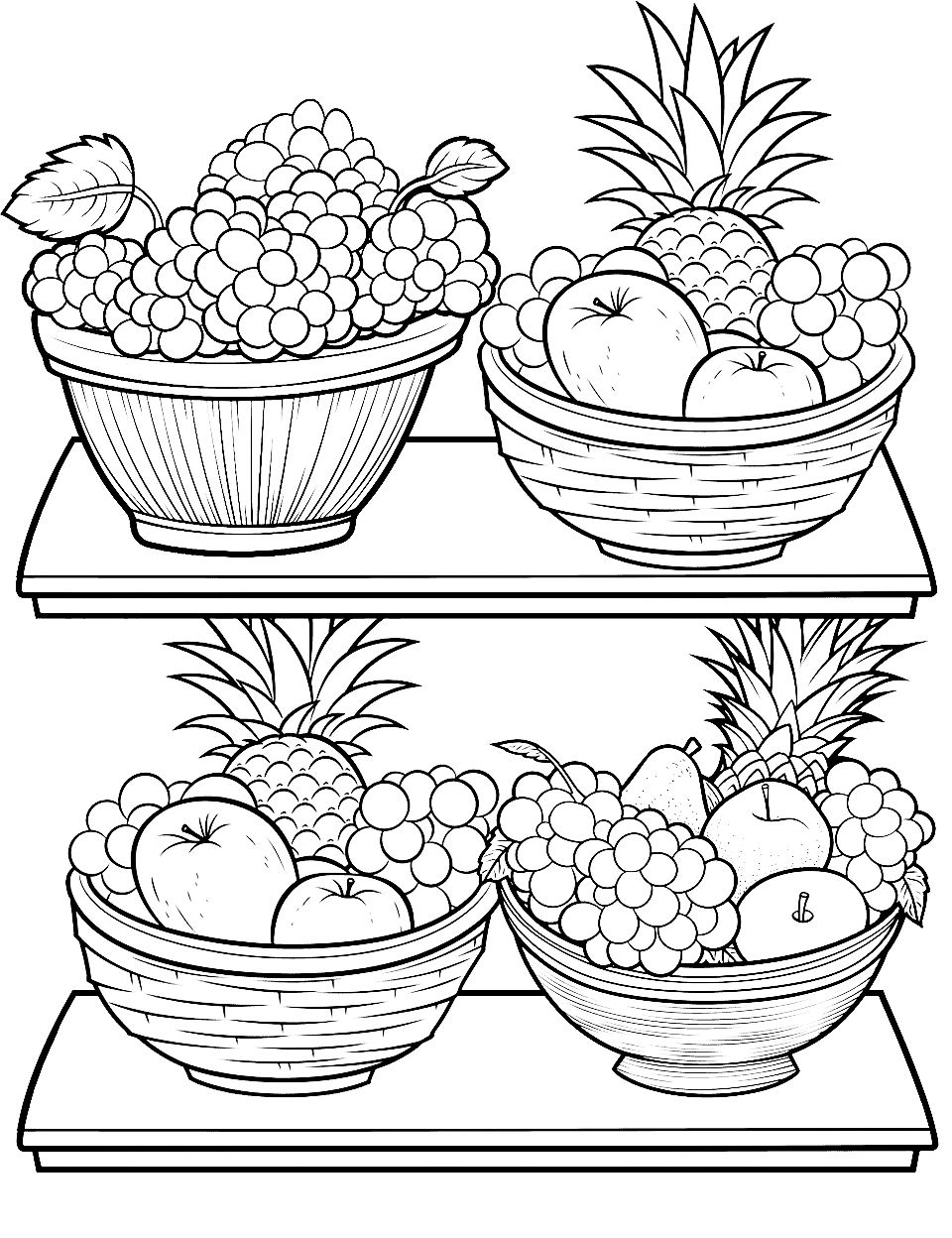 Fruit Bakery Shop Coloring Page - Fruits displayed as bakery items like cakes and pastries.