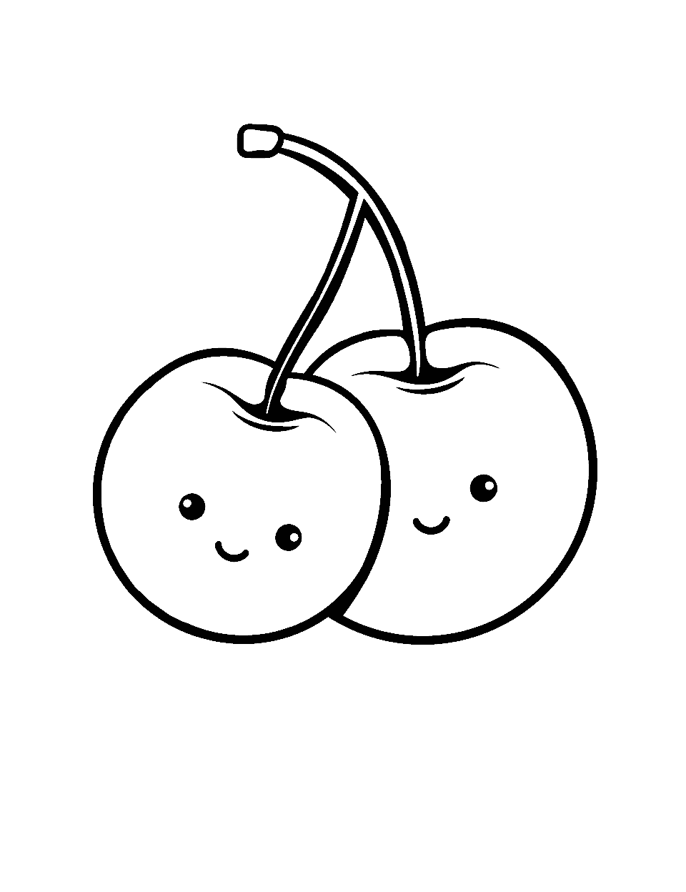 Cherry Twins Fruit Coloring Page - Two cherries attached to a stem, smiling together.