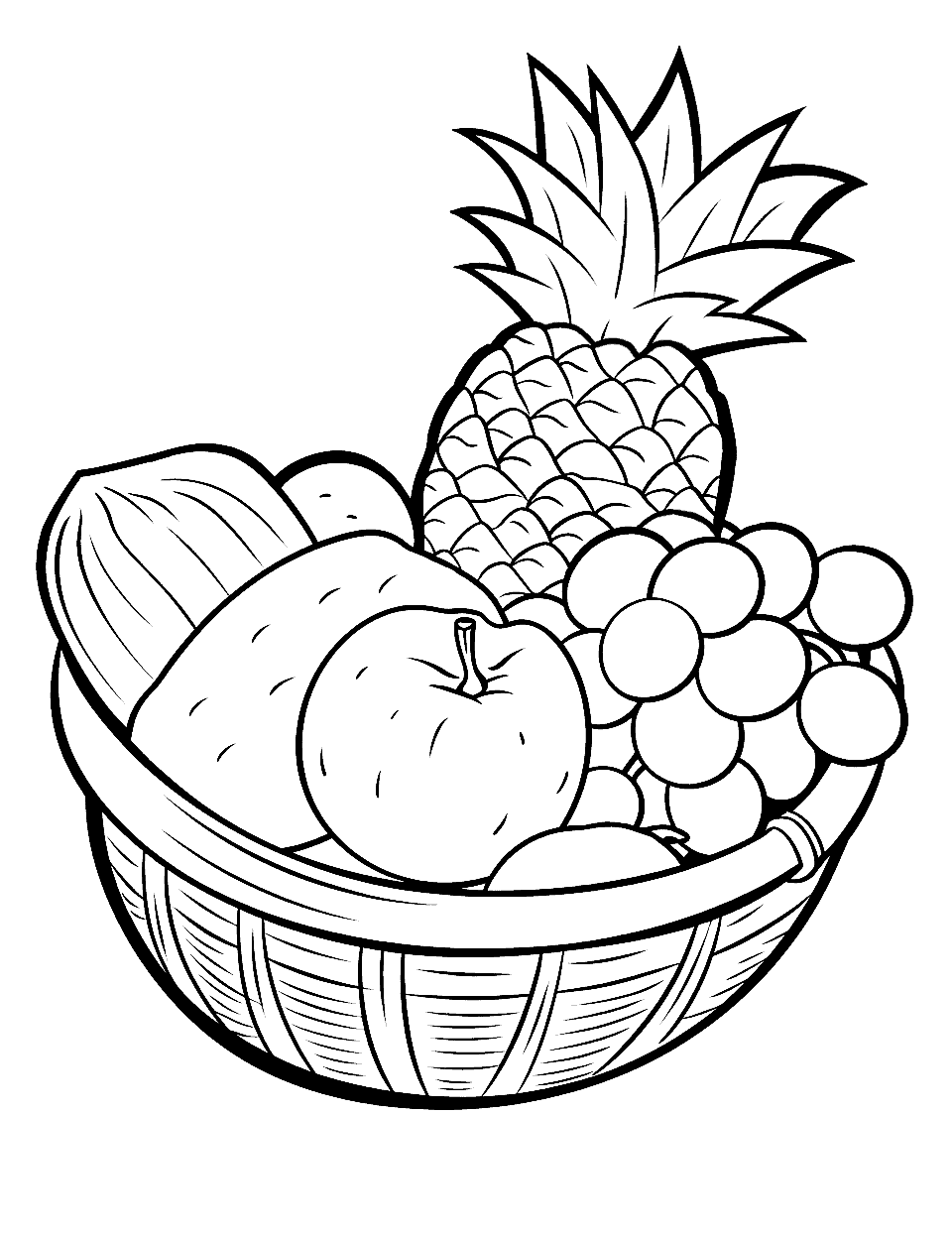 Toddler's Fruit Basket Coloring Page - A simple basket filled with various fruits, easy for toddlers to color.