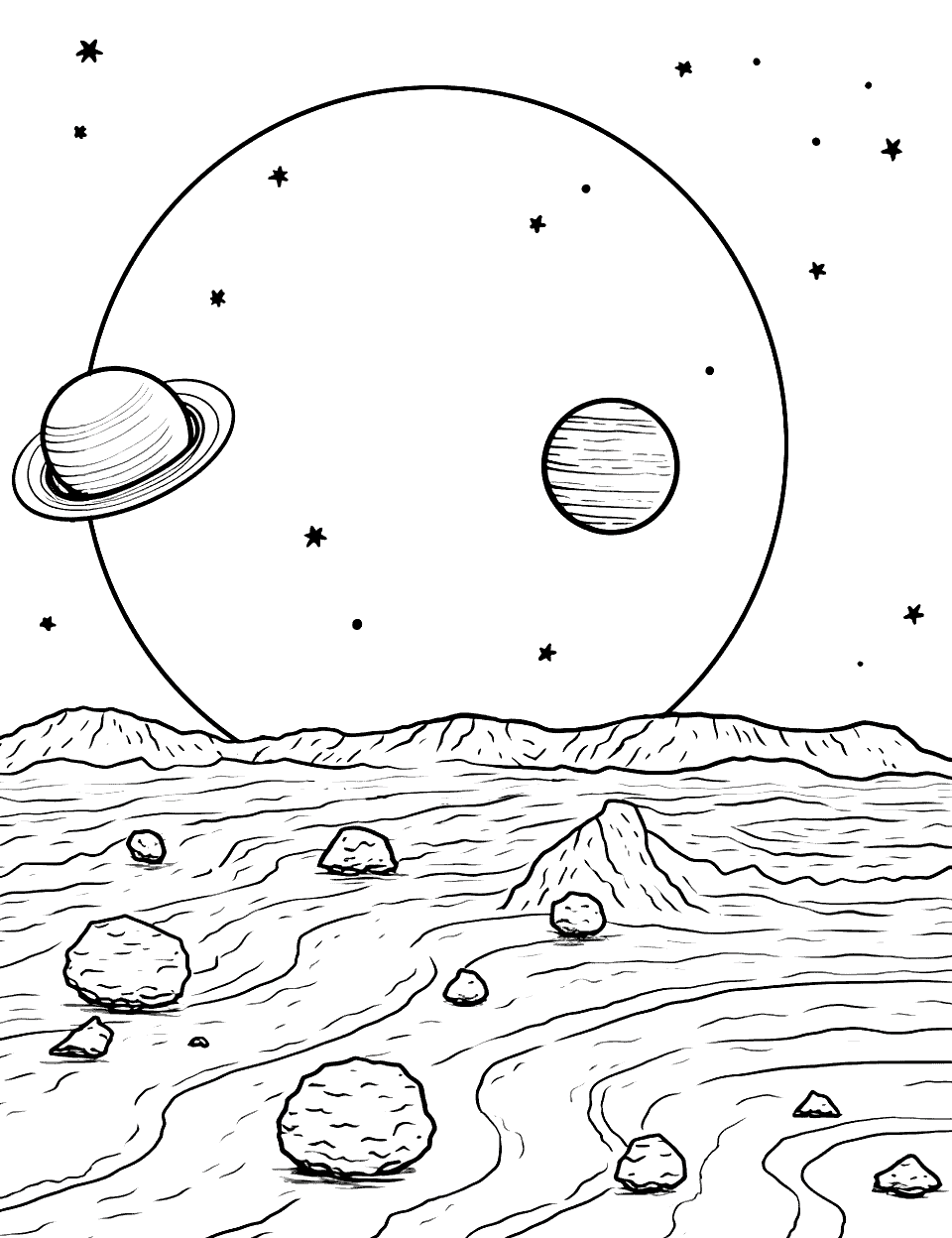 Mercury's Rocky Surface Solar System Coloring Page - A barren, crater-filled landscape of Mercury with small rocks.