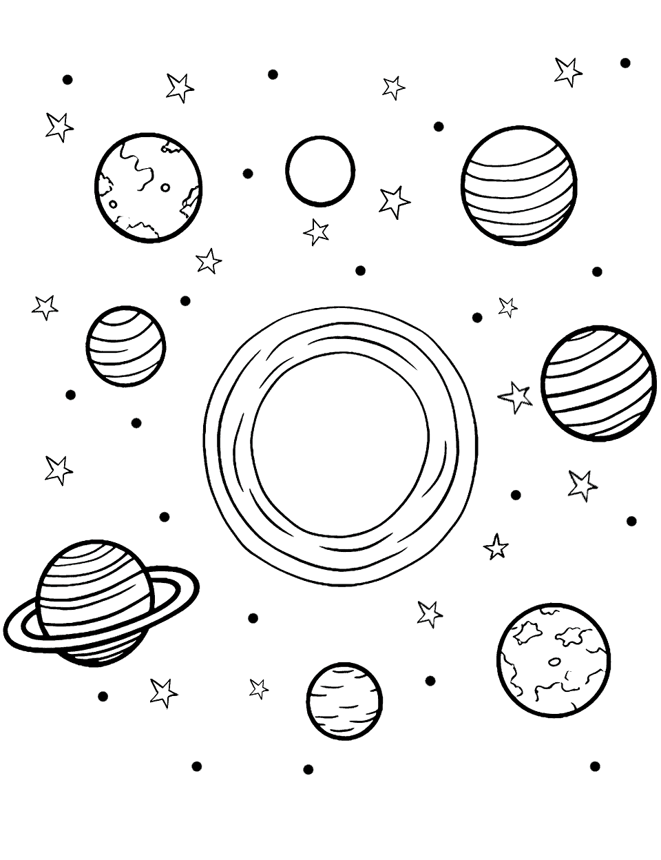 Simple Solar System Coloring Page - A basic layout of the solar system with sun and planets.