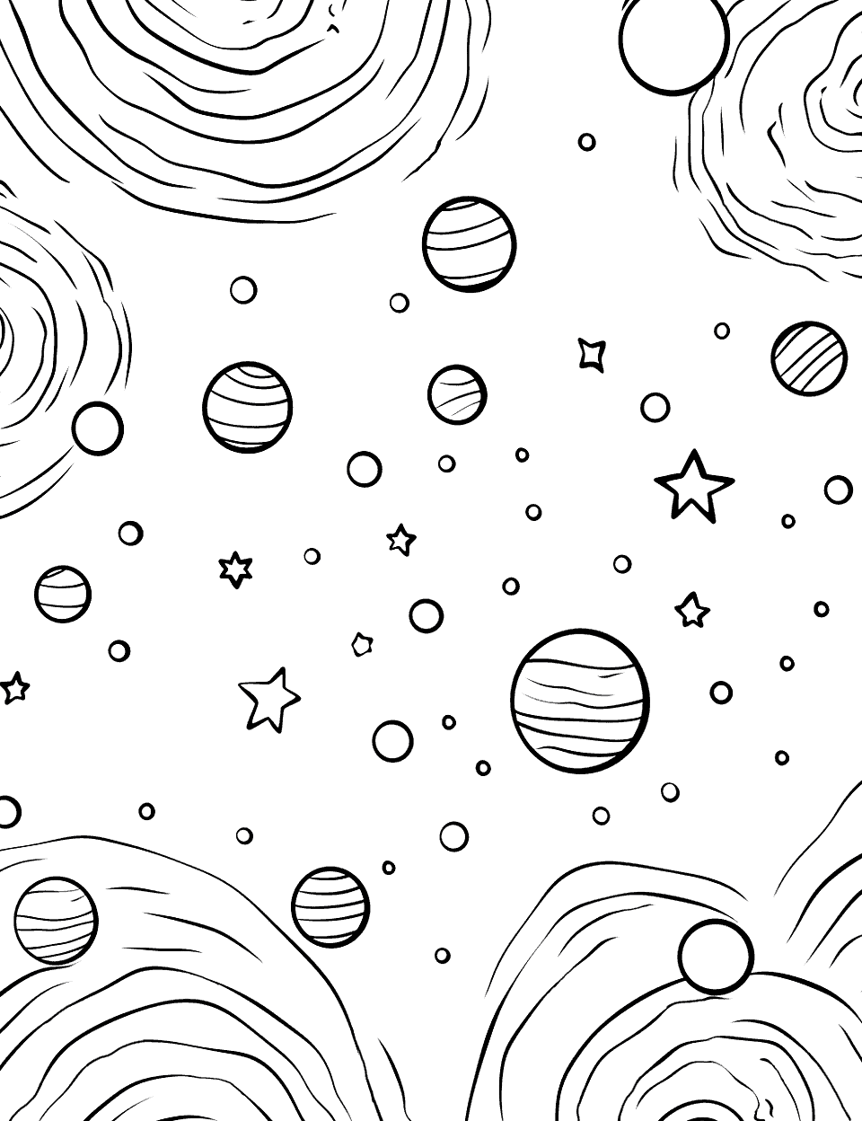 Starry Space Background Solar System Coloring Page - A vast starry space scene with different-sized stars.