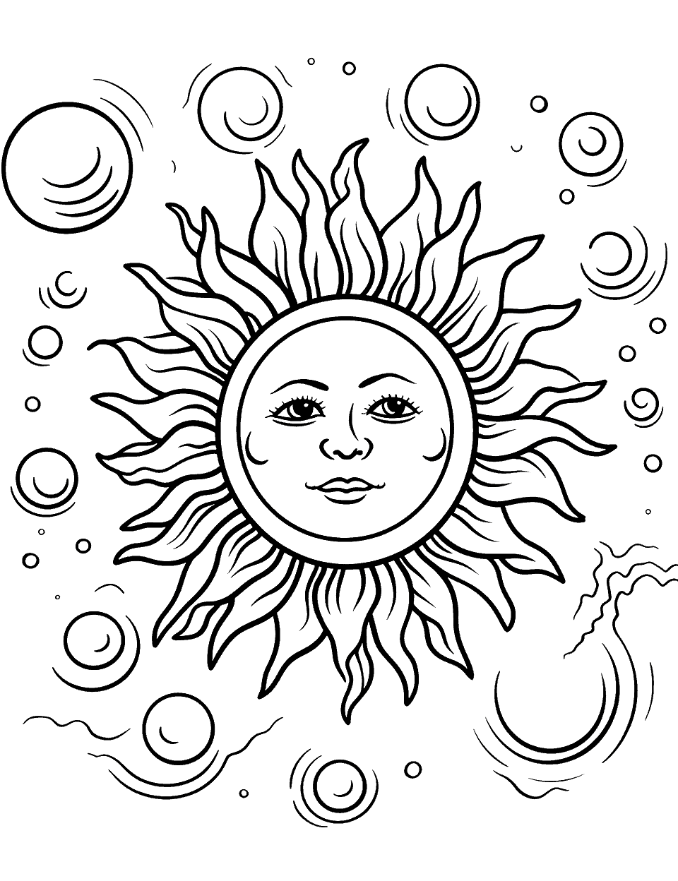 Sun's Fiery Surface Solar System Coloring Page - The sun with a face and its flames and solar flares.