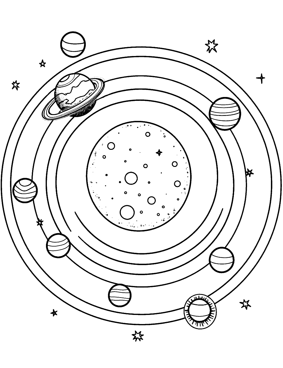 Simple Planets Solar System Coloring Page - A simple picture of planets, including Earth orbiting around the sun.