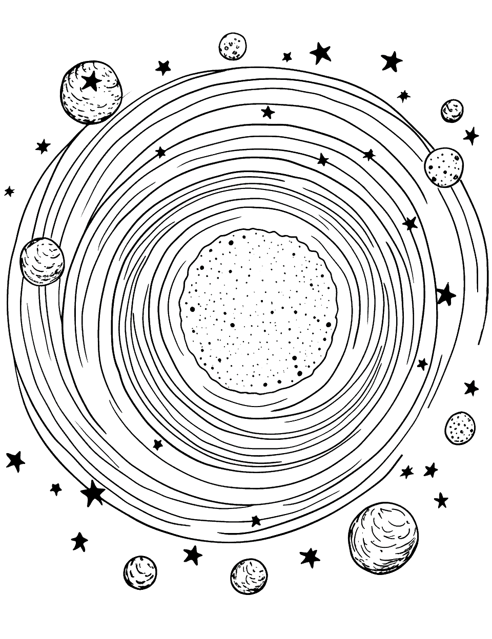 Swirling Galaxy Solar System Coloring Page - A spiral galaxy with swirling arms and a bright center.