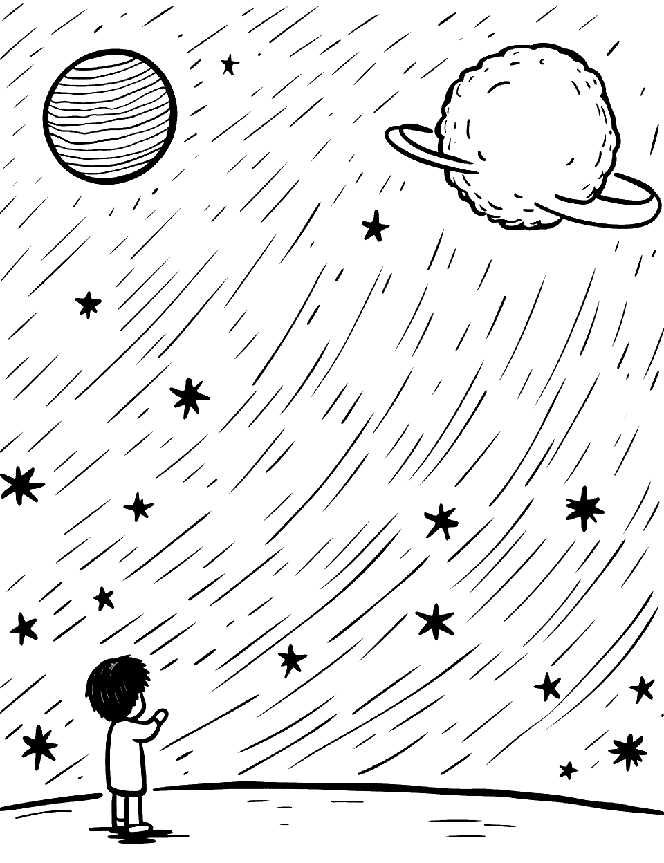 Meteor Shower Solar System Coloring Page - A scene of a meteor shower with streaks of light in the sky.