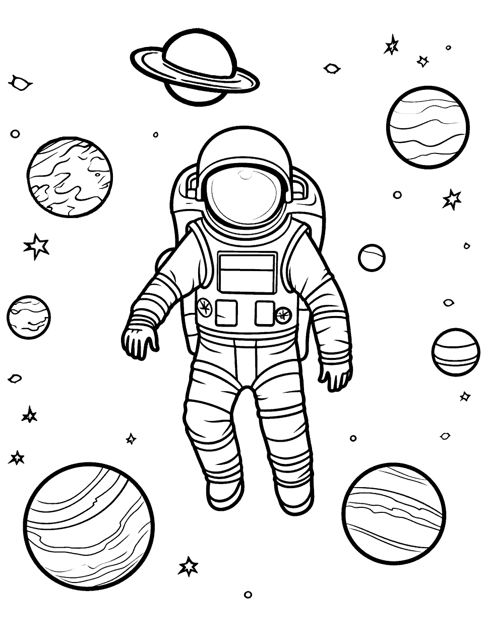 Astronaut on Spacewalk Solar System Coloring Page - An astronaut floating in space.