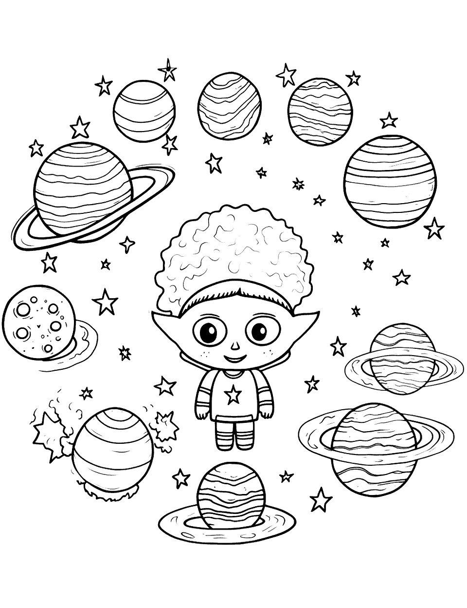 Alien Observing Planets Solar System Coloring Page - A powerful sentient alien observing the planets for disturbance.