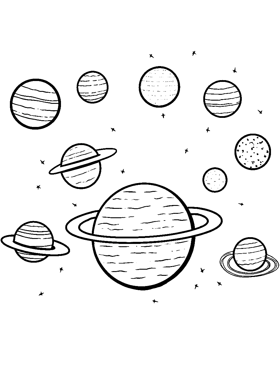 Saturn's Moons Solar System Coloring Page - Several of Saturn’s moons shown in varying sizes and distances.