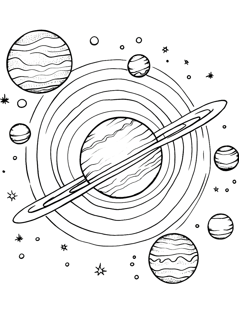 Jupiter's Many Moons Solar System Coloring Page - A depiction of some of Jupiter’s 79 moons in an array around the planet.