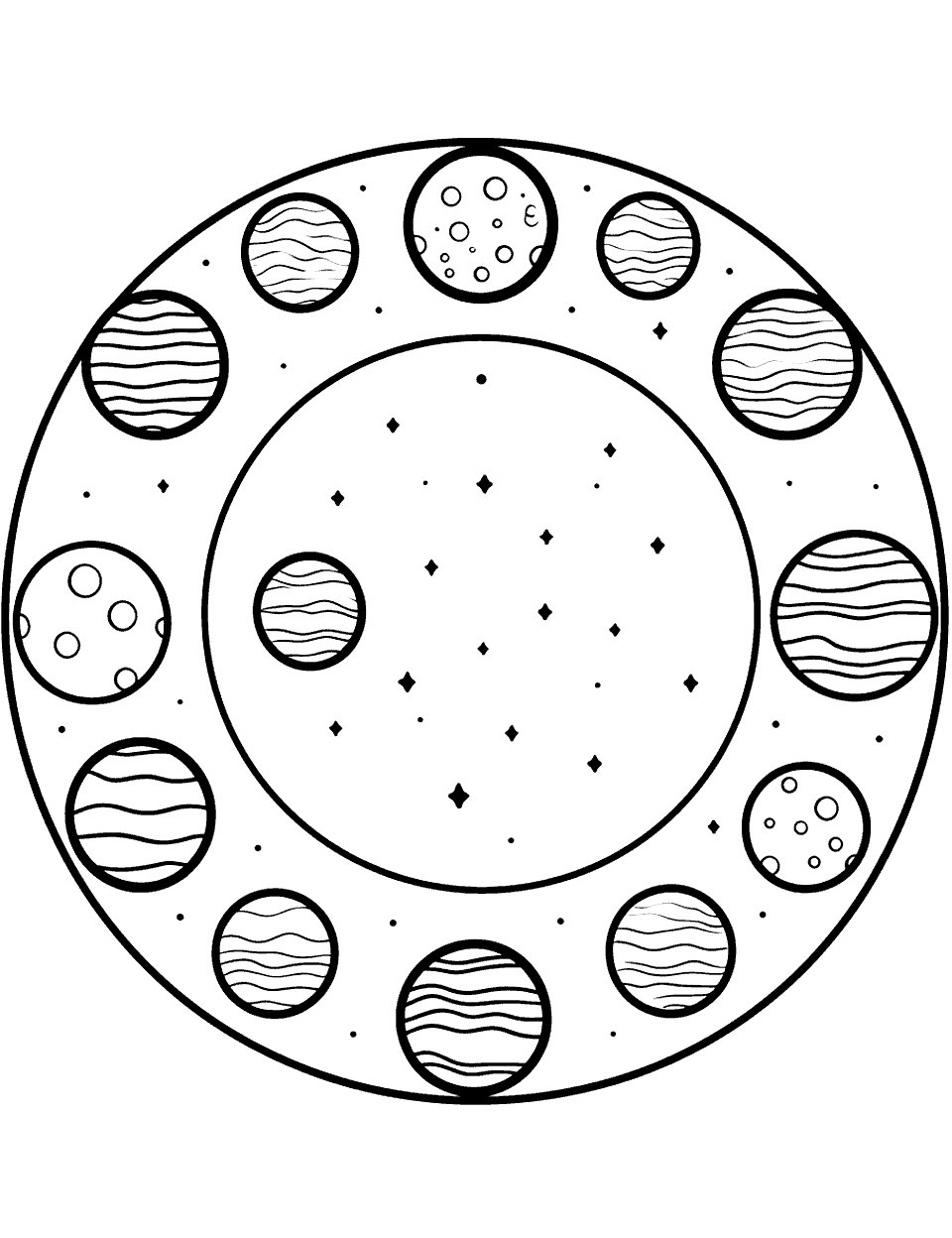Earth's Moon Phases Solar System Coloring Page - The different phases of the moon shown in a circular layout.