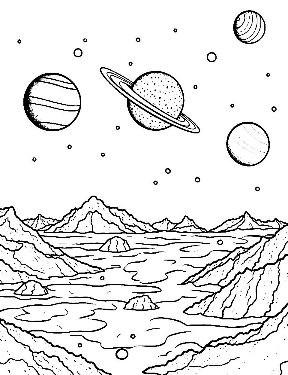 Venus' Volcanic Surface Solar System Coloring Page - The volcanic landscape of Venus with lava flows and craters.