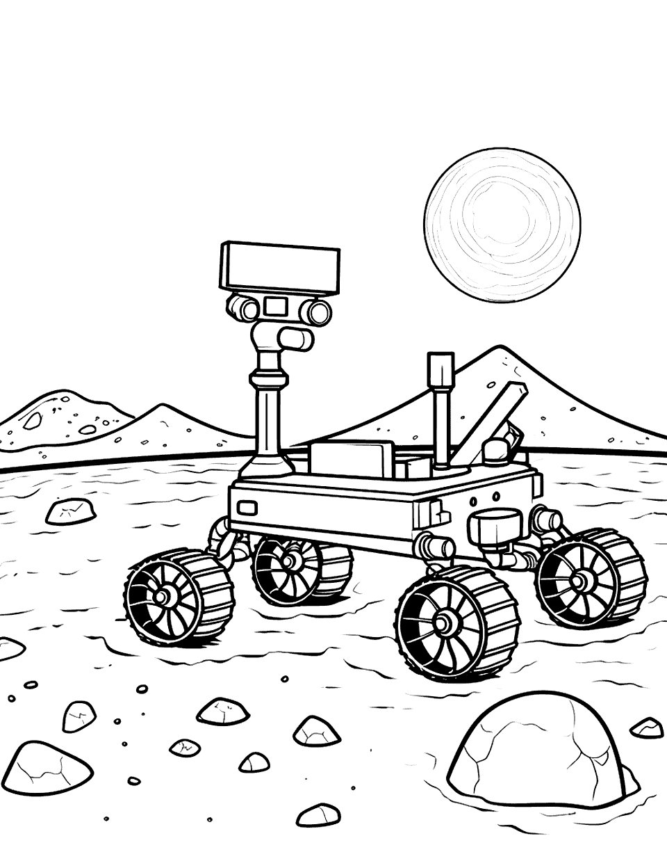 Mars Rover Exploration Solar System Coloring Page - A Mars rover exploring the surface, with hills in the background.