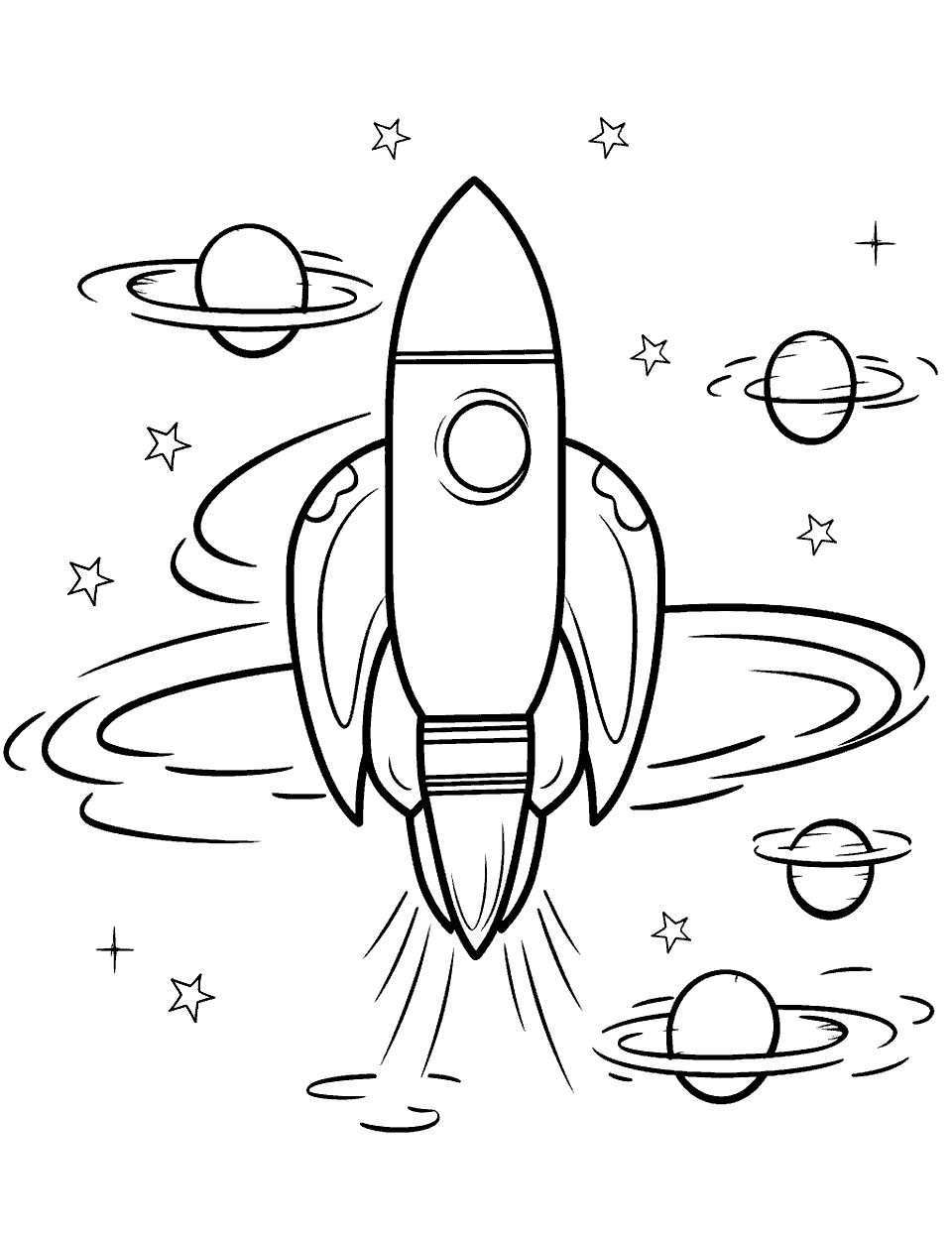 Space Rocket Launch Solar System Coloring Page - A space rocket during lift-off, with flames and smoke.