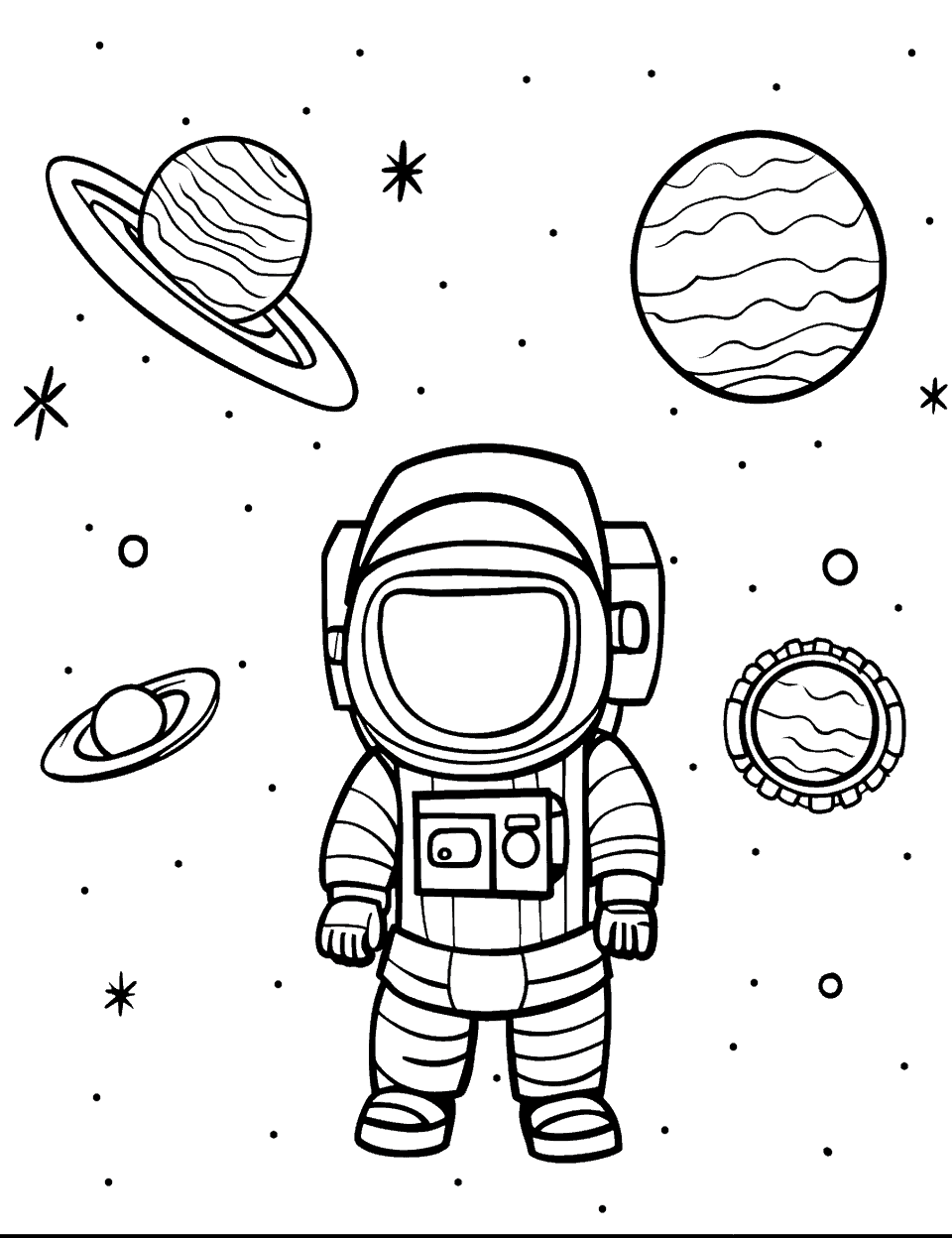 Astronaut and Space Solar System Coloring Page - An astronaut floating in space.
