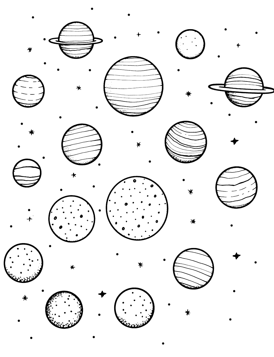 Uranus' Moons Solar System Coloring Page - Several of Uranus’ 27 moons in various sizes and positions.
