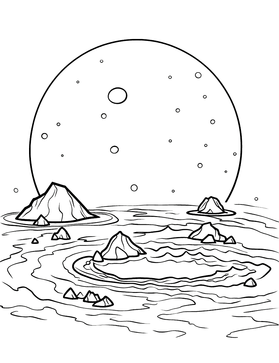Jupiter's Io Volcano Solar System Coloring Page - Io, one of Jupiter’s moons, with a volcano.