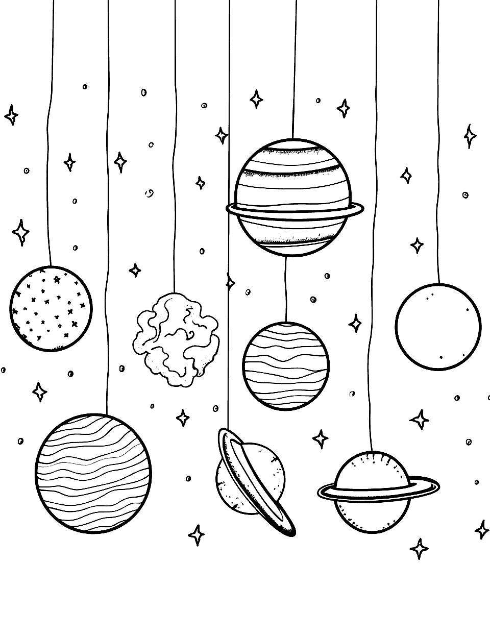 Planet Parade Piece Solar System Coloring Page - All eight planets on a hook for a house decoration piece.