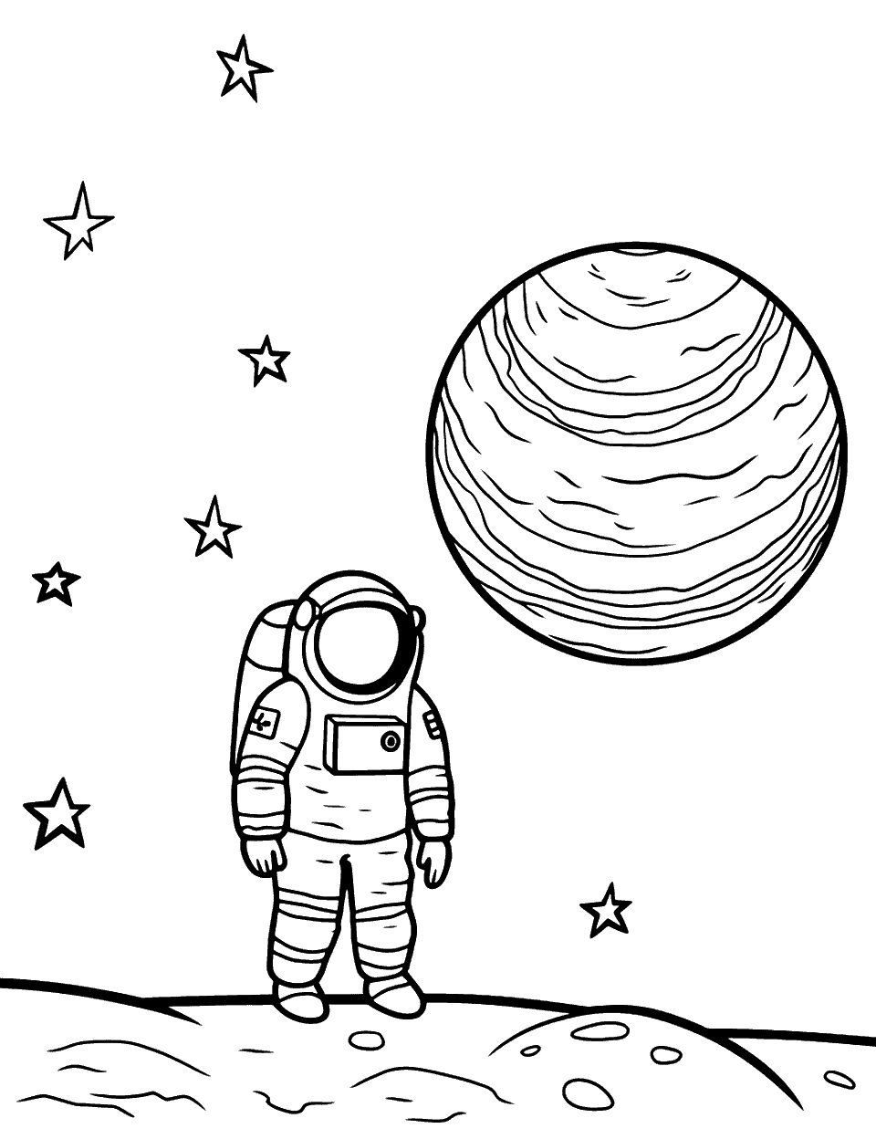 Astronaut Landing Scene Solar System Coloring Page - Scene of an astronaut that just landed on a planet.