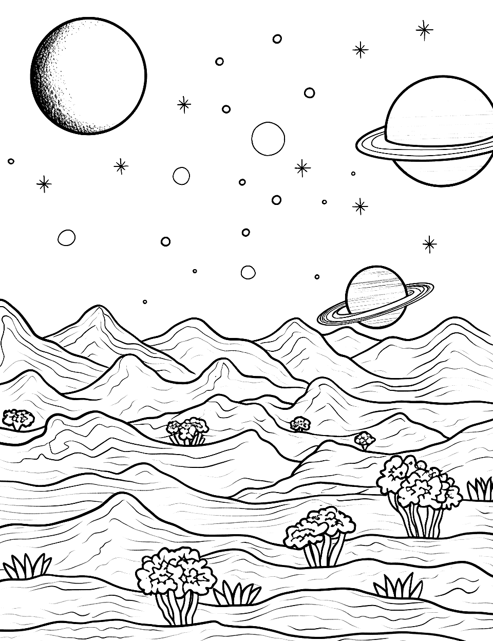 Alien Planet Landscape Solar System Coloring Page - An imaginative alien planet with unique flora and fauna.