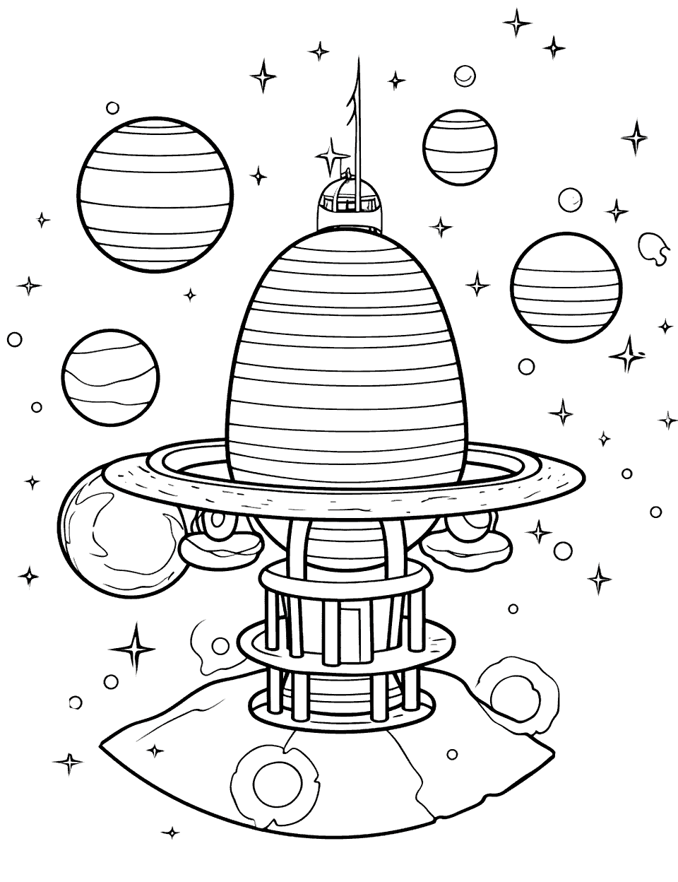 Space Observatory Solar System Coloring Page - A space observatory satellite with planets in the background.
