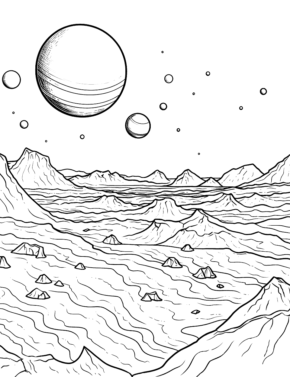 Mars' Red Landscape Solar System Coloring Page - The red, rocky surface of Mars, with a distant view of Olympus Mons.