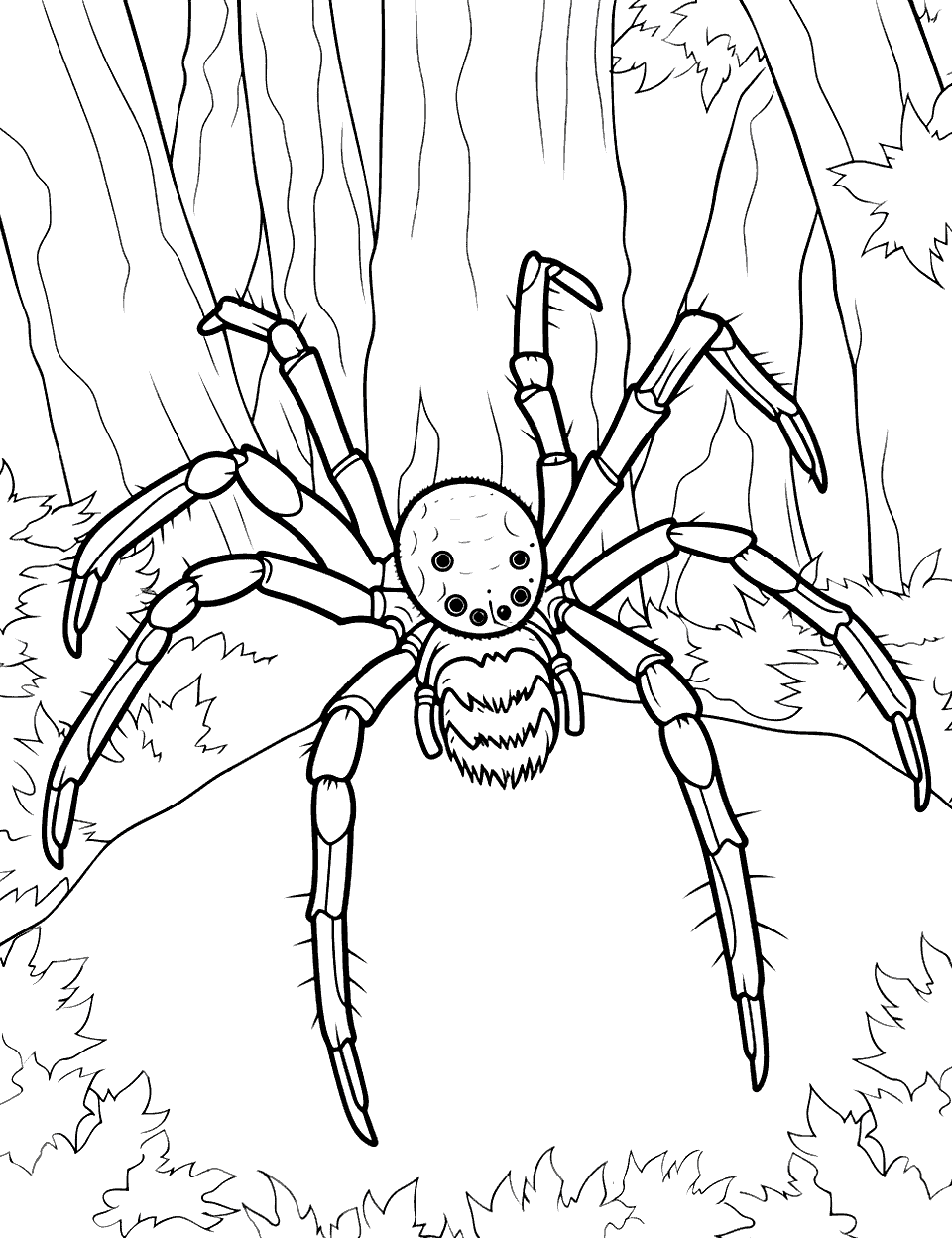 Spider in a Forest Coloring Page - A spider in a dense forest.
