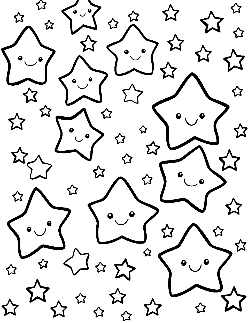 Cute Star Patterns Coloring Page - A page filled with small, adorable stars with smiling faces and twinkling eyes.