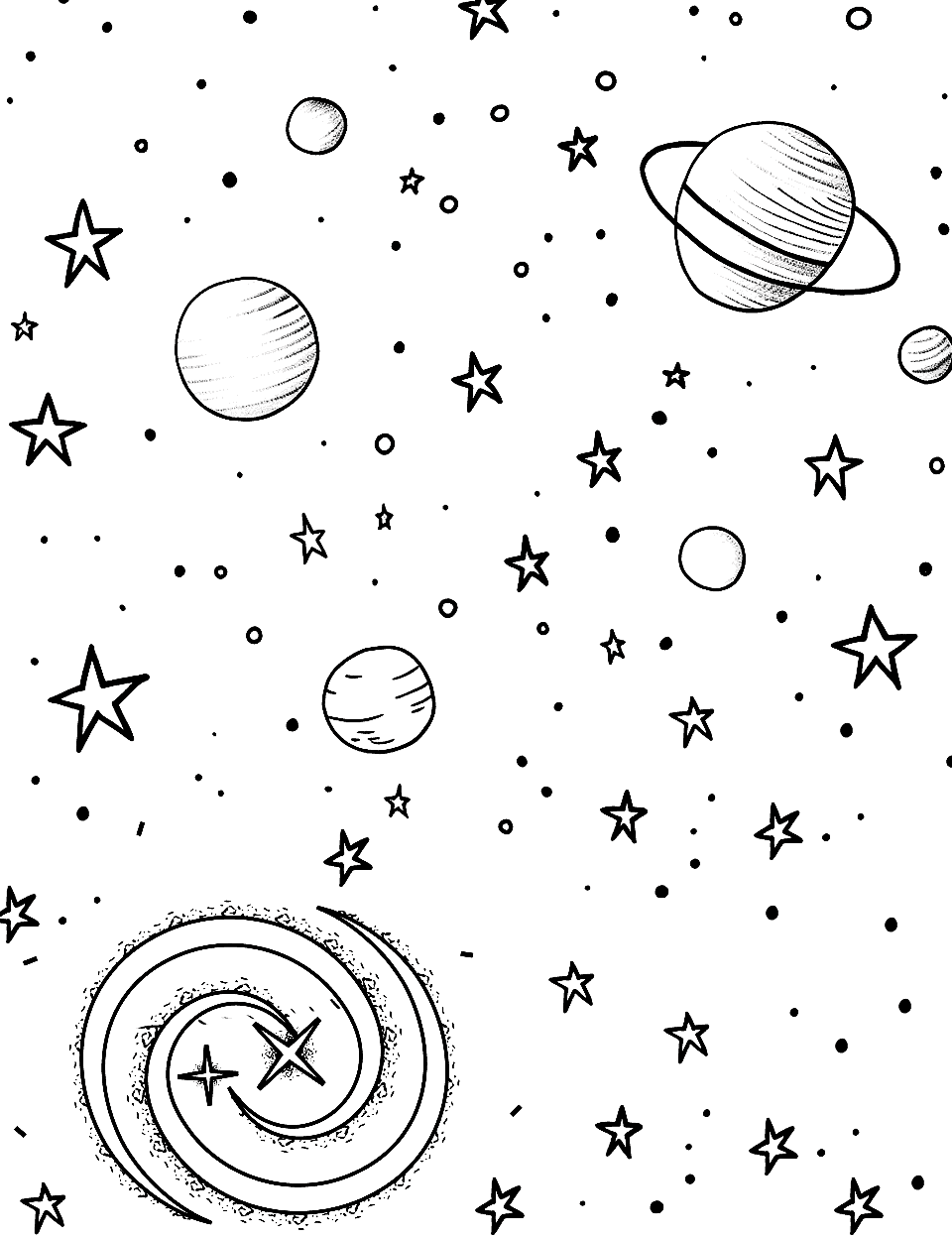 Galaxy Exploration Star Coloring Page - A galaxy scene filled with stars, planets, and a swirling galaxy.