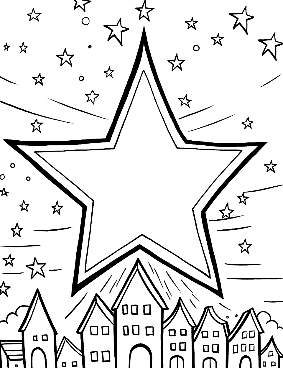 Epiphany Star Coloring Page - A bright star shining over a small town, representing the Epiphany.