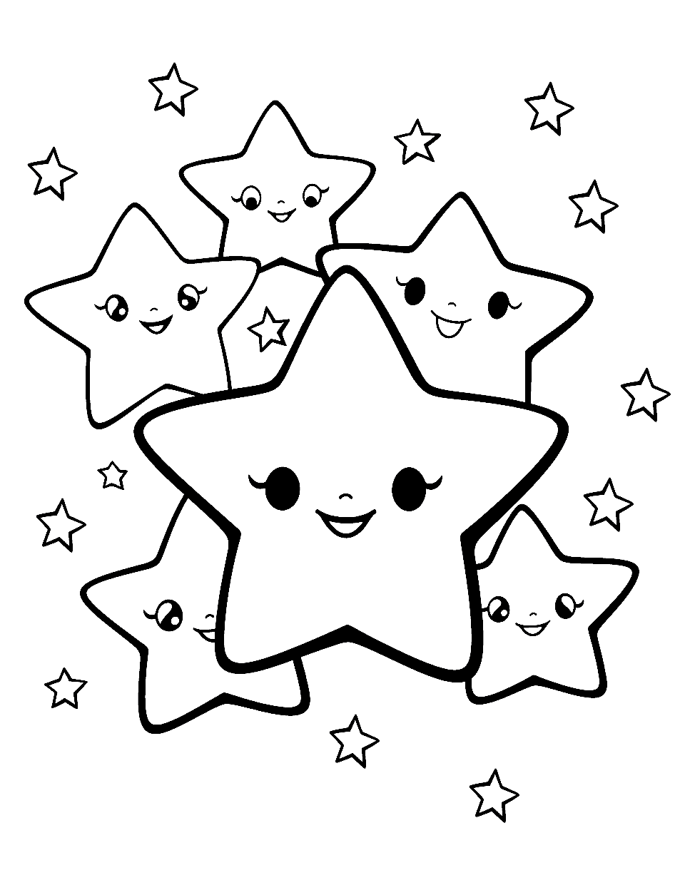 Kawaii Star Friends Coloring Page - A group of cute, kawaii-style stars with cheerful expressions.