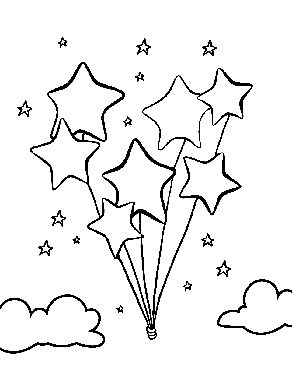 Star-Shaped Balloons Star Coloring Page - A bunch of star-shaped balloons floating in the sky.