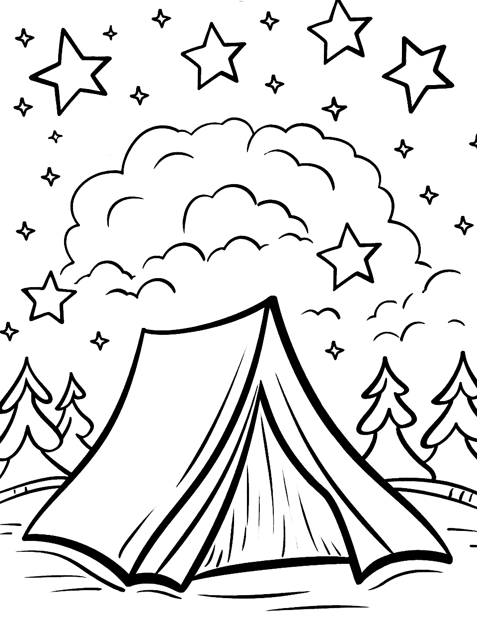 Starry Night Camping Star Coloring Page - A tent under a star-filled sky in the wilderness.
