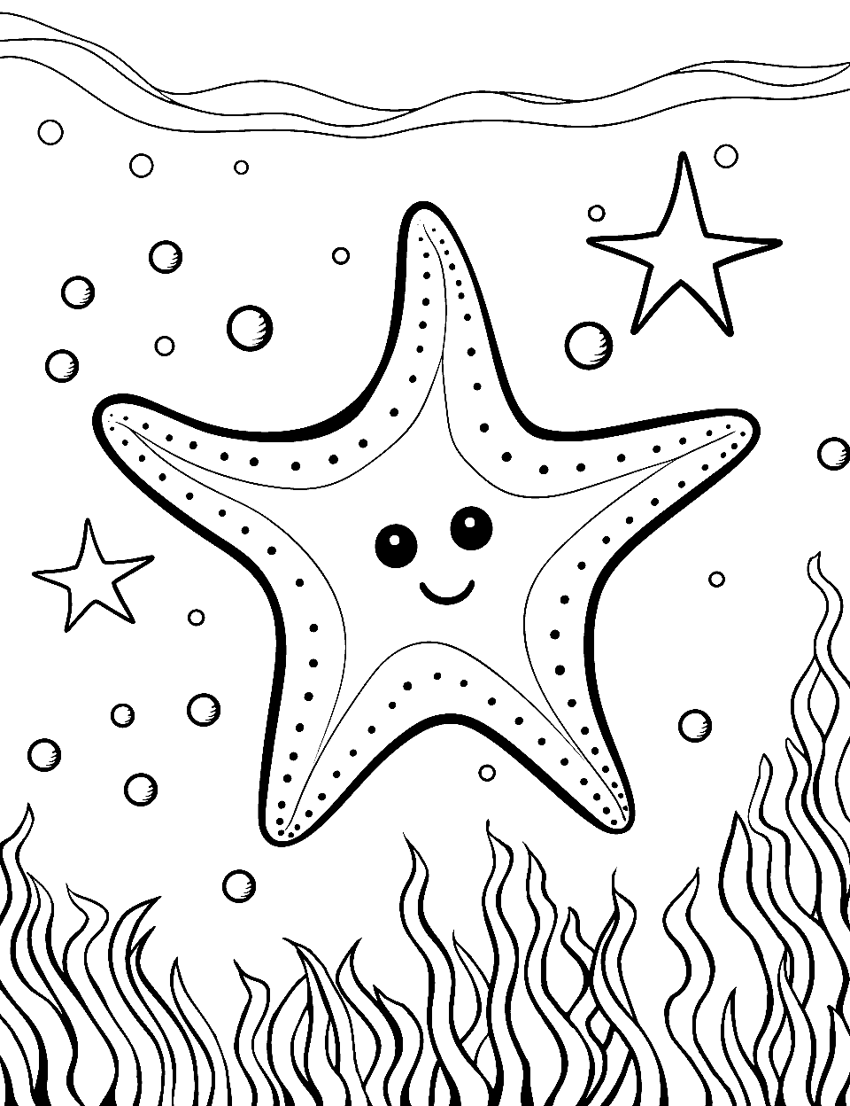 Underwater Starfish Star Coloring Page - An easy-to-draw starfish with a cute face smiling.