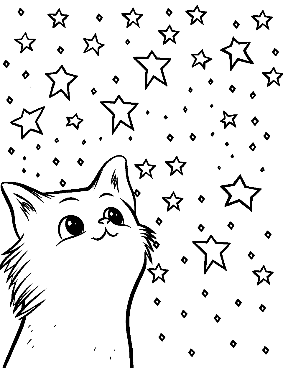 Starry Eyed Cat Star Coloring Page - A cute cat gazing up at a sky filled with stars.